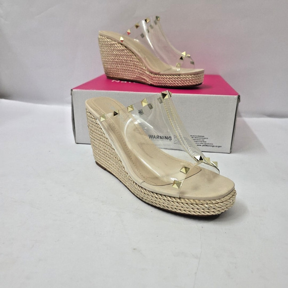 Y2K Chunky Platform Wedge Sandals Size US 8 Nature Breeze Tan & Gold Studded - Picture 8 of 8